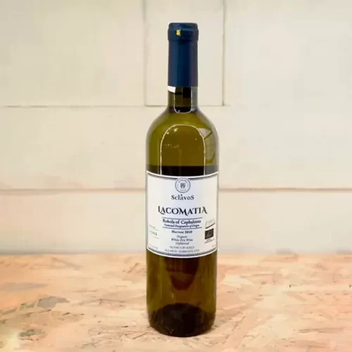Bouteille du vigneron grec Sclavos, etiquette: LACOMATIA 2020, vin blanc de Cephalonie en Grece