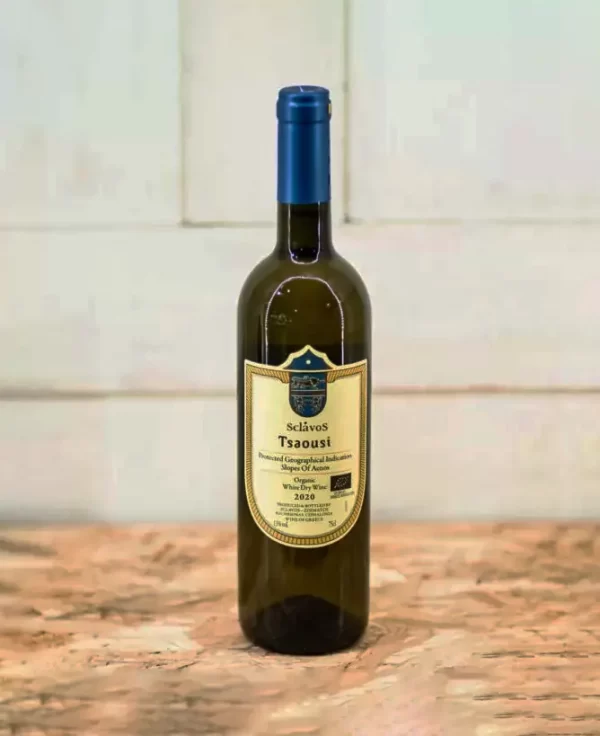 Bouteille du vigneron grec Sclavos, etiquette: Tsaoussi 2020, vin blanc de Cephalonie en Grece
