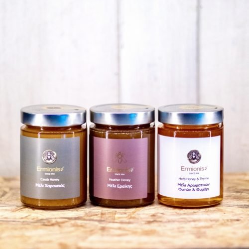 3 differents types de miels du producteur Ermionis en pot de 470gr: miel de caroubier, miel de fleurs et miel de bruyere